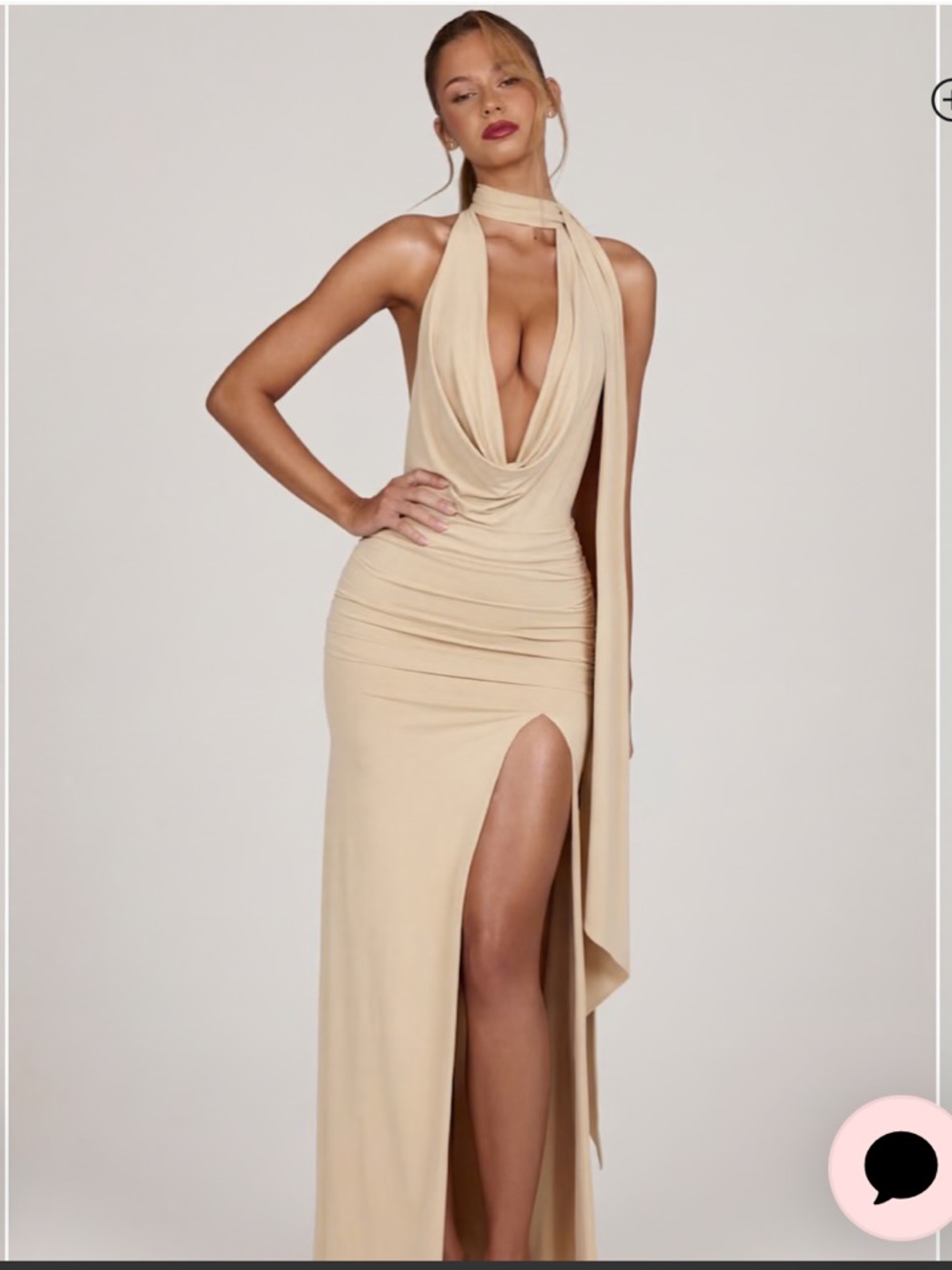 Oh Polly Navina Soft Jersey Plunge Halterneck Maxi Dress Champagne Cream XS NWT - Picture 5 of 13